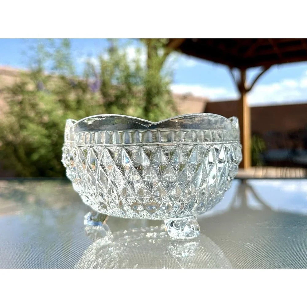 Vintage Indiana Glass Diamond Point Candy Dish 3‑Footed Clear Bowl 5